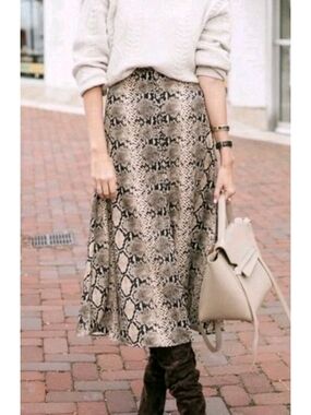 Zara High Waist Snakeskin Print Skirt Orange Brown Midi Size L Office Baddie